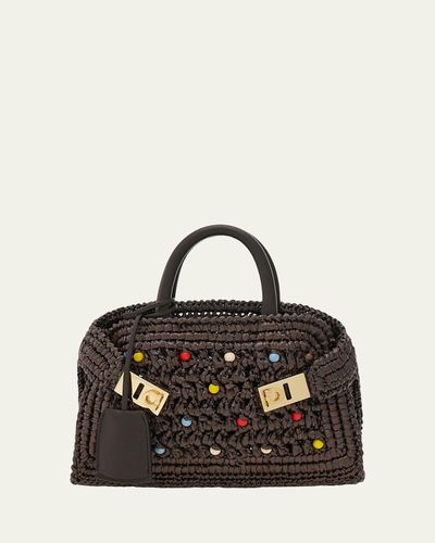 Ferragamo Hug Beaded Raffia Top-Handle Bag