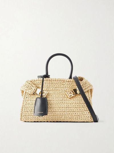 FERRAGAMO Hug leather-trimmed raffia mini shoulder bag