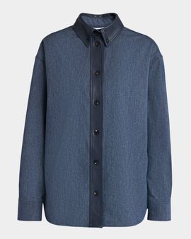 Ferragamo Leather-Trim Cotton Denim Button-Down Shirt