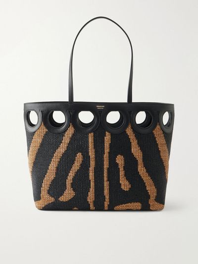 FERRAGAMO Leather-trimmed raffia tote