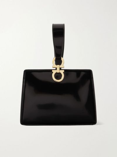 FERRAGAMO Mini embellished glossed-leather clutch