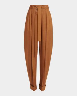 Ferragamo Pleated Wool Barrel-Leg Pants With Belt
