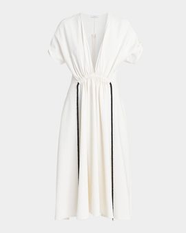 FERRAGAMO Plunging Gathered Short-Sleeve Midi Dress
