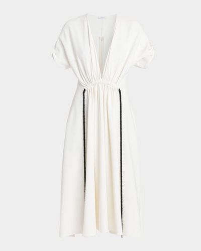 FERRAGAMO Plunging Gathered Short-Sleeve Midi Dress