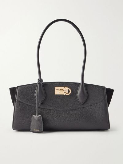 FERRAGAMO Studio East West suede-trimmed textured-leather shoulder bag