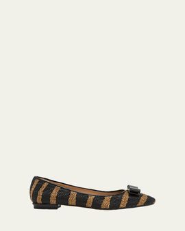 Ferragamo Varina Zebra-Printed Raffia Ballerina Flats