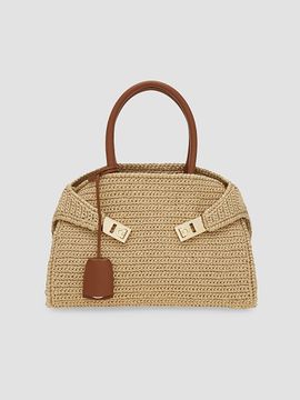 FERRAGAMO Women's Hug Medium Gancini Raffia Top Handle Bag