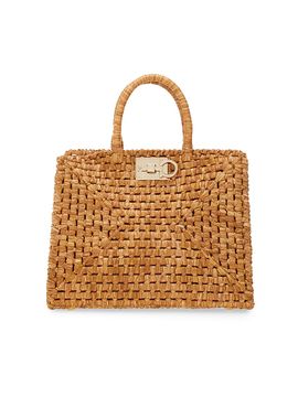 FERRAGAMO Women's Studio Box Open-Weave Raffia Top-Handle Bag