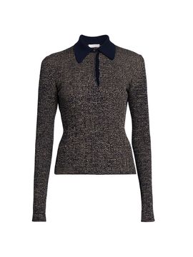FERRAGAMO Women's Wool-Blend Rib-Knit Long-Sleeve Polo Top