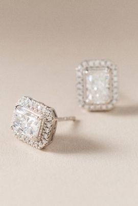 Fine Diamonds by Anthropologie Emerald-Cut Halo Diamond Stud Earrings