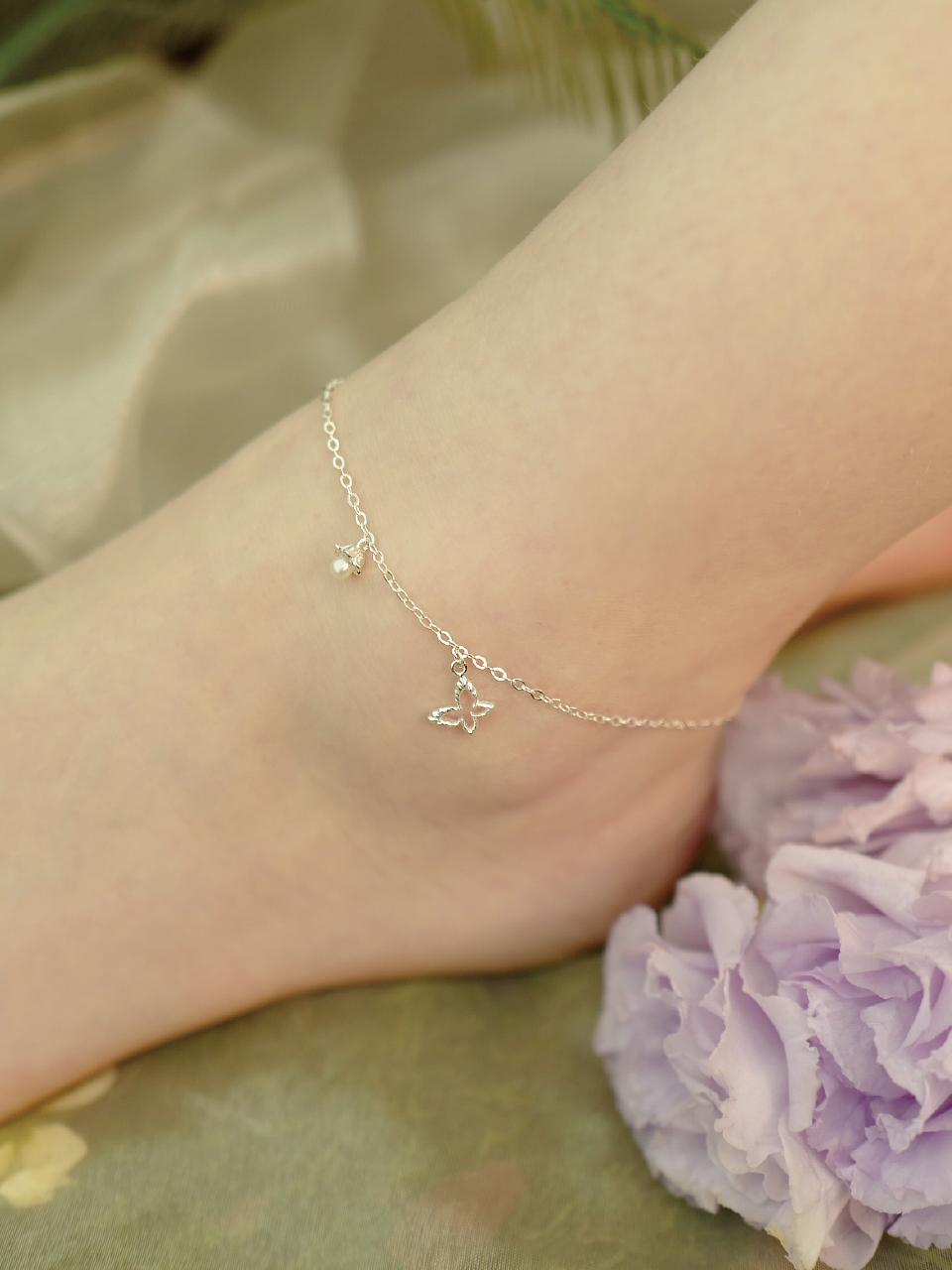 fiore Sterling Silver Pearl Fleur Wing Anklet