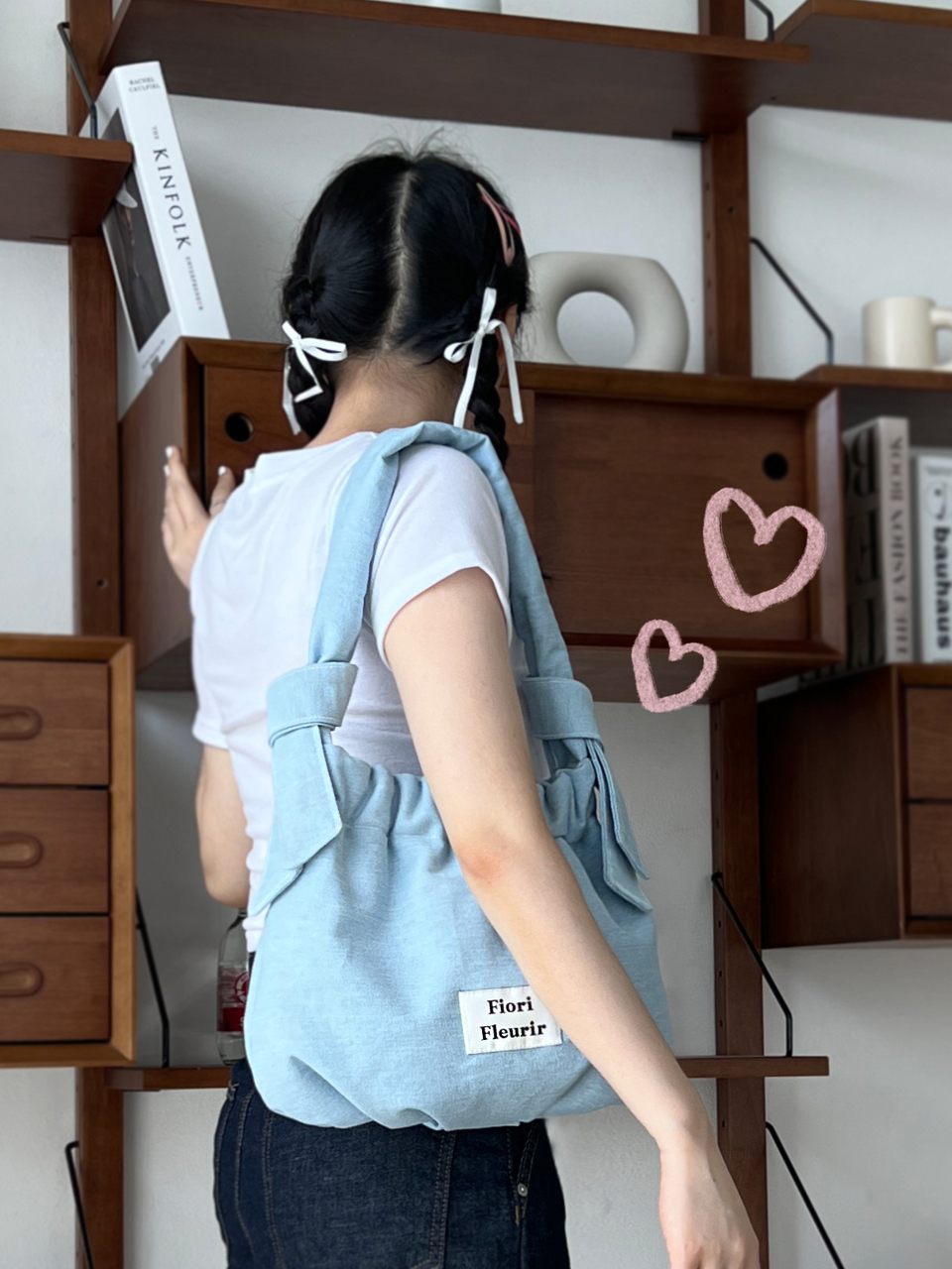 Fiori Fleurir Lottie Tote Shoulder Vintage Bag _Demin Skyblue