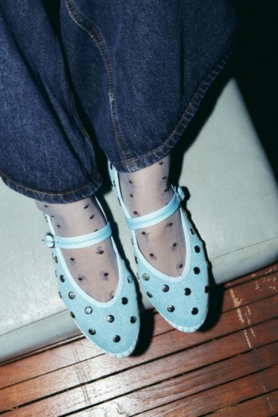 Flabelus Flabelus Denim Silver Studded Mary Janes Shoe in Light Blue, Women's at Urban Outfitters