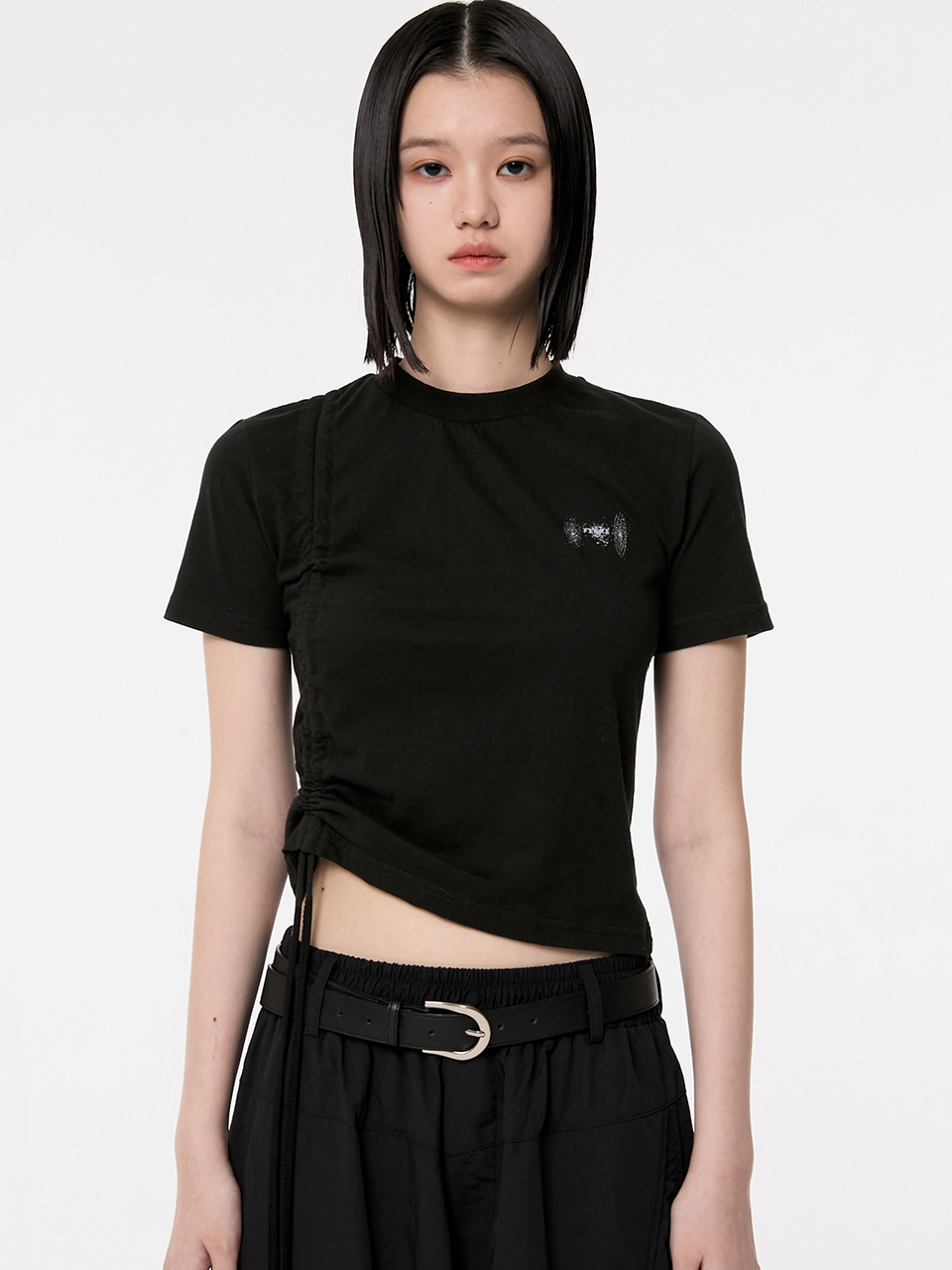 FLARE UP Chiffon Ruched T-Shirt - Black