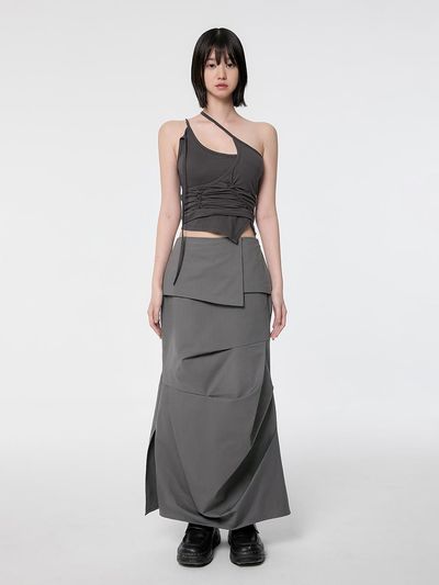 FLARE UP Drape Layered Maxi Skirt_Gray