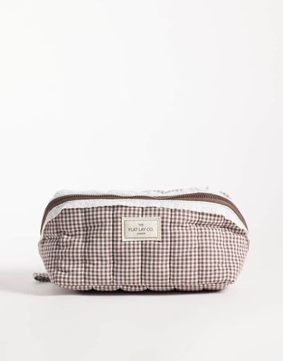Flat Lay Company Flat Lay London Marshmallow Flat Lay Makeup Box Bag - Mocha Gingham with Frill-Brown
