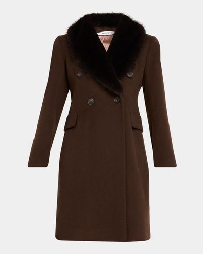 Fleurette Wool Double-Breasted Coat with Faux Fur Collar