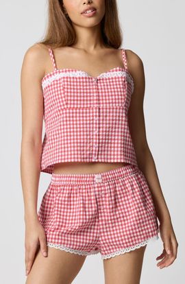 Florence by Mills Florence by Mills Lace Trim Gingham Crop Stretch Cotton Camisole