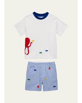 Florence Eiseman Boy's Octopus T-Shirt & Seersucker Shorts Set