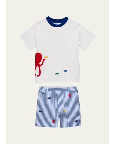 Florence Eiseman Boy's Octopus T-Shirt & Seersucker Shorts Set