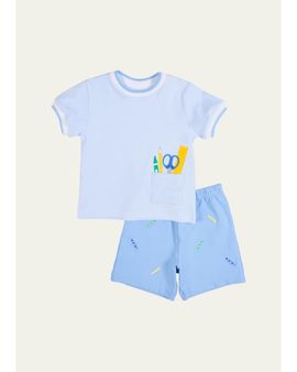 Florence Eiseman Boy's School Supplies Appliqued T-Shirt & Shorts Set
