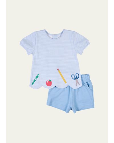 Florence Eiseman Girl's School Supplies Applique T-Shirt & Shorts Set