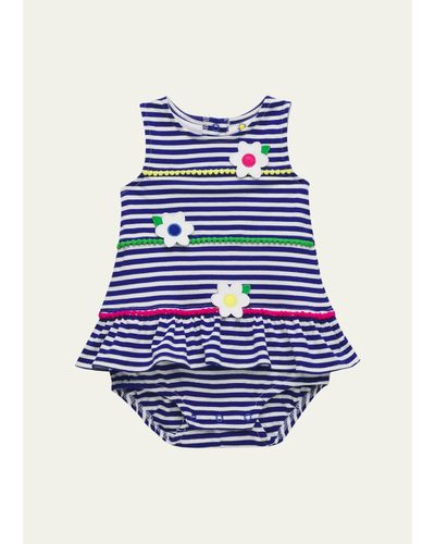 Florence Eiseman Girl's Stripe Knit Romper with Pompoms & Flowers
