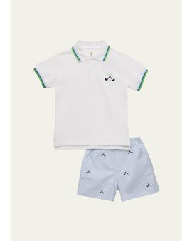Florence Eiseman Kid's Golf Tipped Polo Shirt & Embroidered Shorts Set