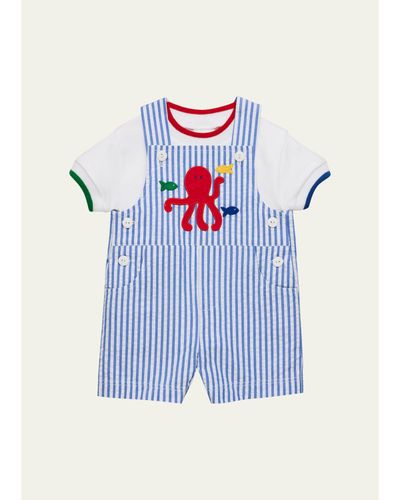 Florence Eiseman Striped Seersucker Shortall & T-Shirt Set, 6M-24M