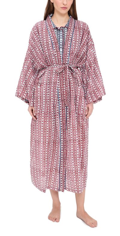 Folkloore Folkloore Dressing Gown Burgundy With Blue Piping One