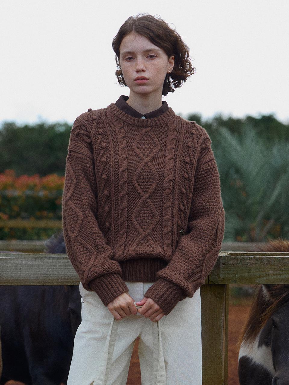 FOLNUA Cable Pattern Oversized Wool Blend Knit [BROWN]