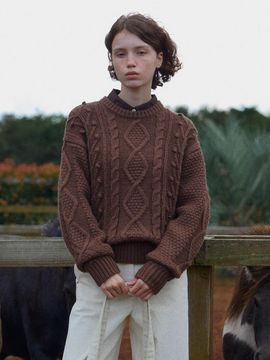 FOLNUA Cable Pattern Oversized Wool Blend Knit [BROWN]