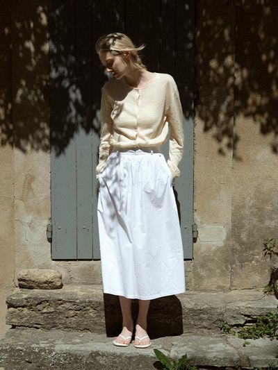 FOLNUA Cotton Gathered Pleated Flare Skirt [Beige]