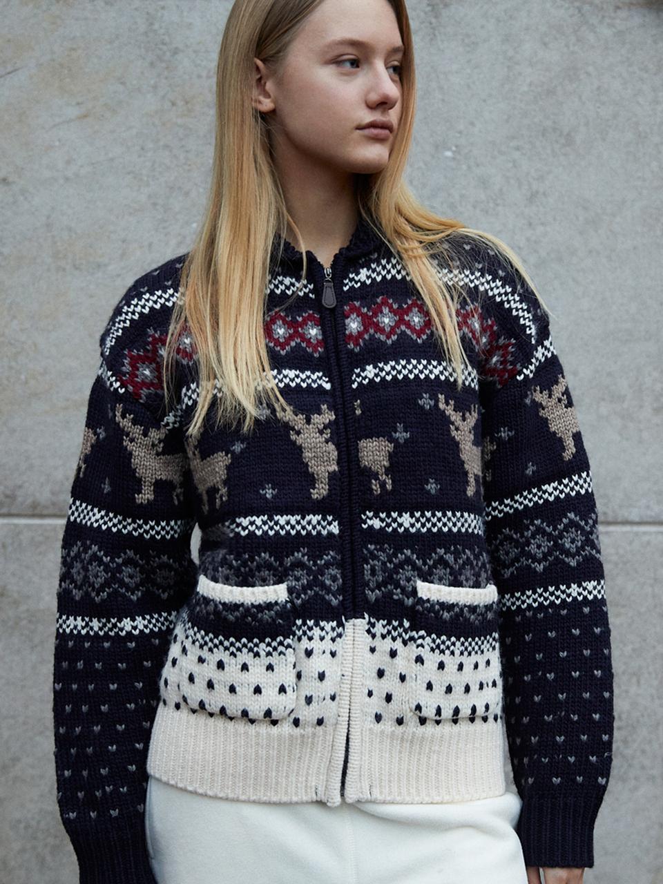 FOLNUA Cowichan Collar Oversized Wool Zip Up [NAVY]