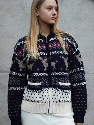 FOLNUA Cowichan Collar Oversized Wool Zip Up [NAVY]
