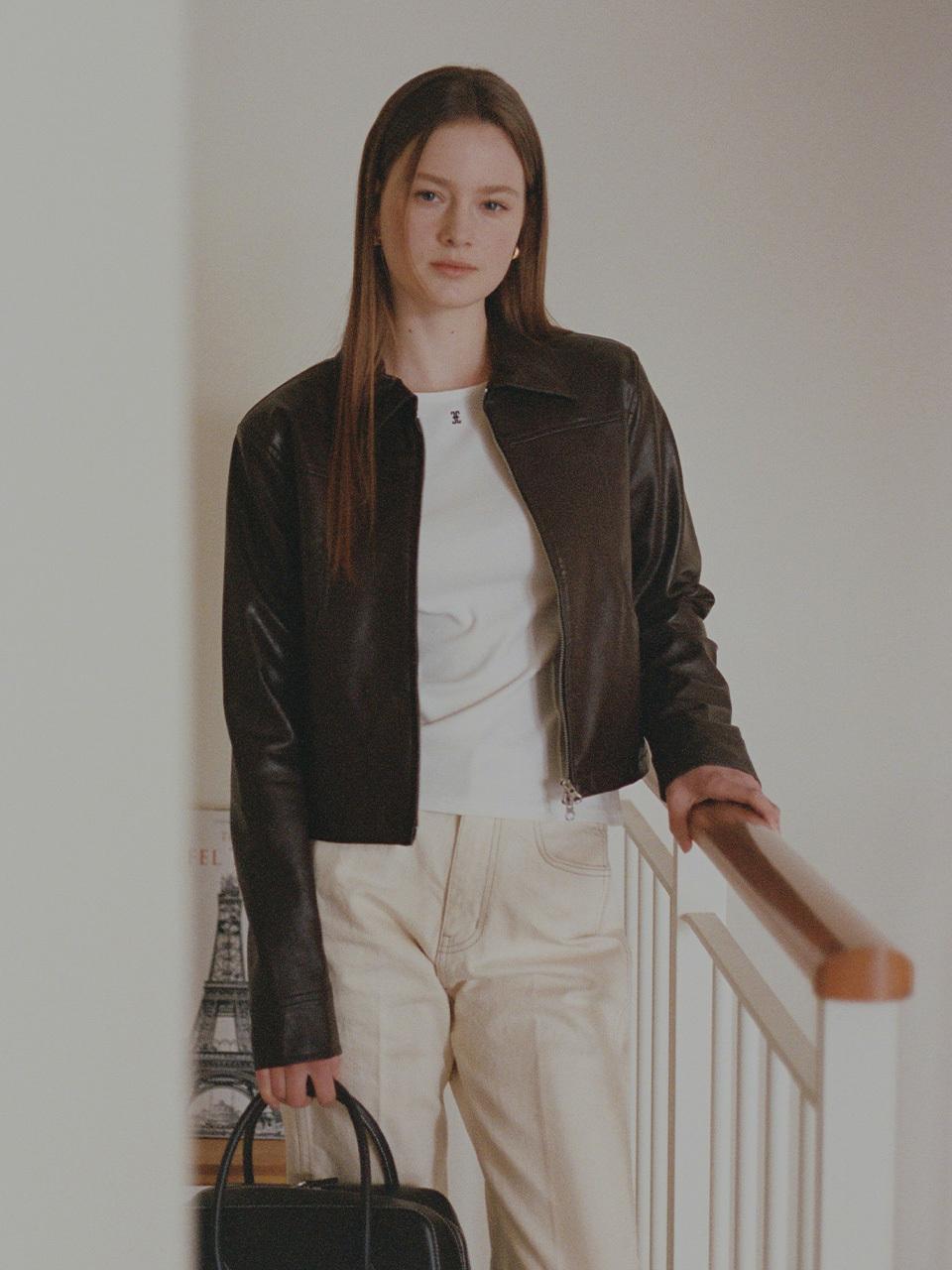 FOLNUA Faux Leather Slim Fit Crop Jacket [BROWN]