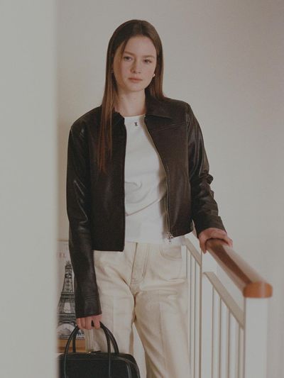 FOLNUA Faux Leather Slim Fit Crop Jacket [BROWN]