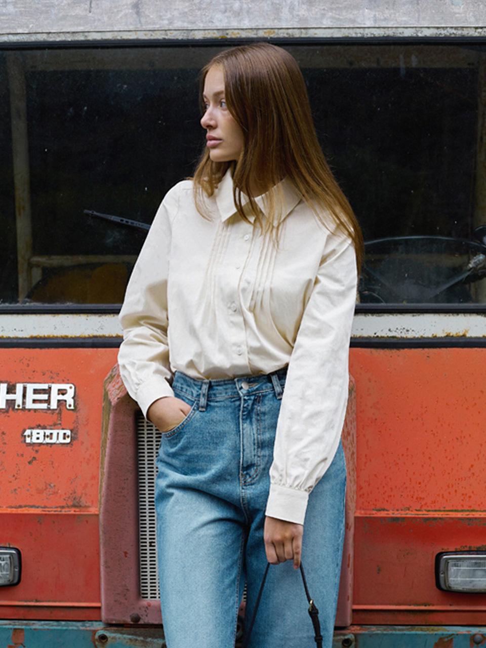 FOLNUA Pintuck Shirring Cotton Blend Blouse [WHITE]