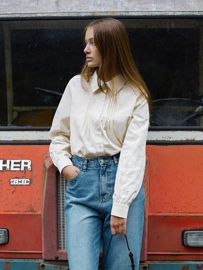 FOLNUA Pintuck Shirring Cotton Blend Blouse [WHITE]