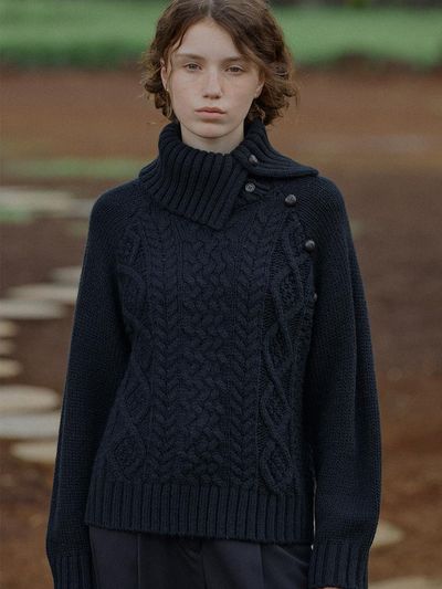 FOLNUA Turtleneck Cable Knit Wool Blend Sweater [Black]