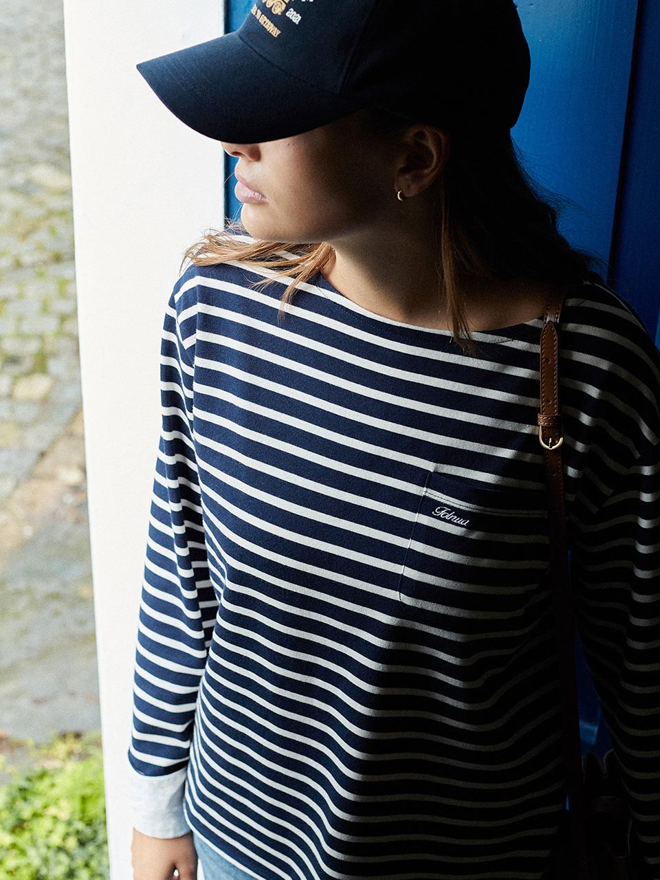 FOLNUA Two-Way Stripe Boat Neck T-shirt [Navy Ivory]