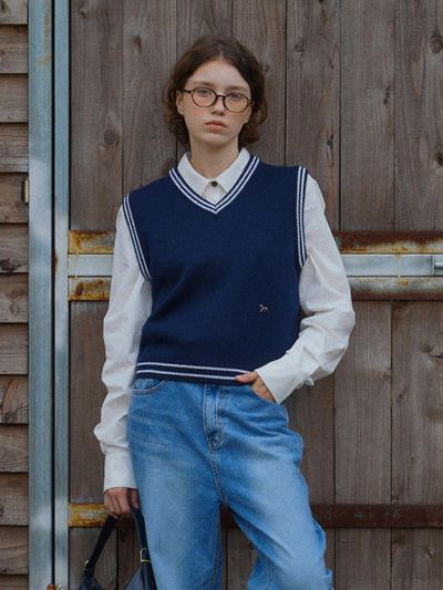 FOLNUA Wool Blend Relaxed Fit Line Knit Vest [NAVY]