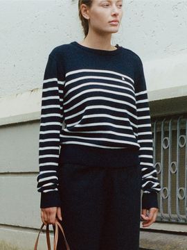 FOLNUA Wool Blend Striped Logo Button Knit [NAVY IVORY]