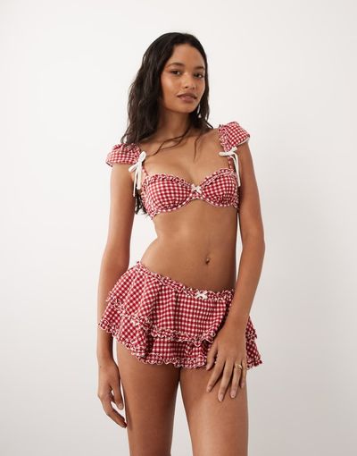 For Love & Lemons For Love & Lemons Alison high waisted frill detail bikini bottoms in red gingham - part of a set