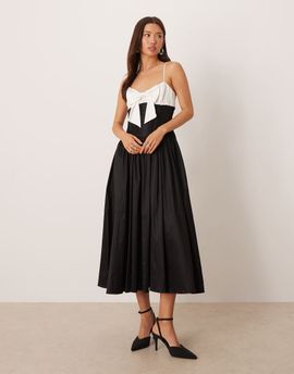 For Love & Lemons For Love & Lemons contrast bow bodice skater midi dress in black