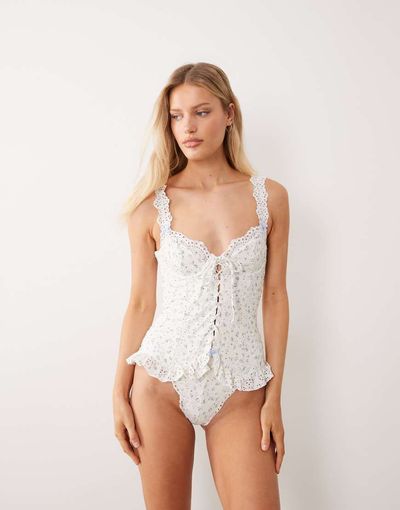 For Love & Lemons For Love & Lemons Daisy frill detail one piece swimsuit in vintage cream floral-White