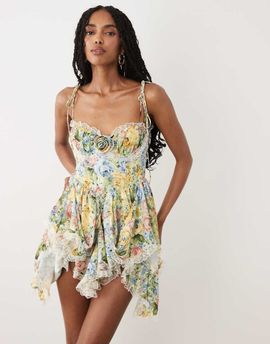 For Love & Lemons For Love & Lemons Elea rosette detail sweetheart neck mini dress in multi floral