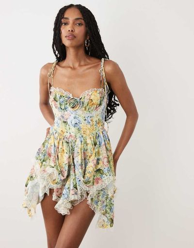 For Love & Lemons For Love & Lemons Elea rosette detail sweetheart neck mini dress in multi floral