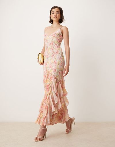 For Love & Lemons For Love & Lemons Elea ruffle maxi dress with lace up back in peach floral-pink