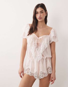 For Love & Lemons For Love & Lemons Grace lace hem bow detail romper in light pink